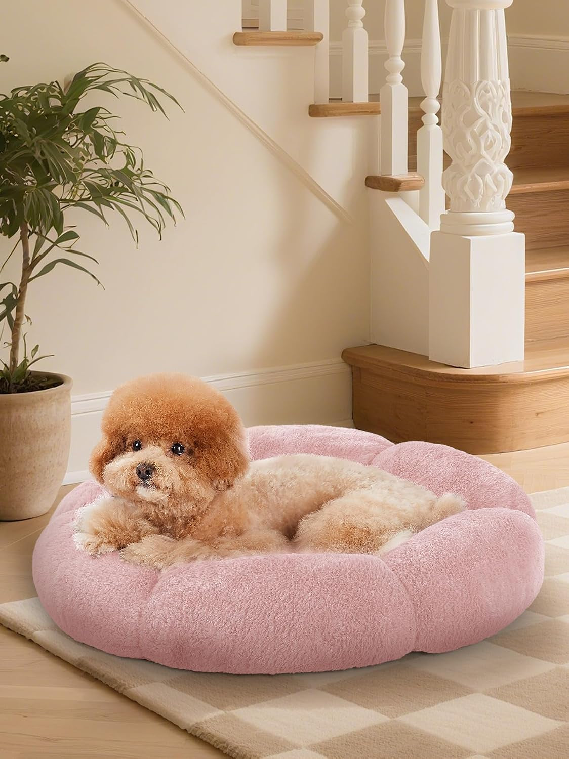 ohgeni-31-inches-calming-donut-orthopedic-dog-cat-bed-for-medium-pets-warming-comfort-fluffy-short-pile-fur-durable-waterproof-machine-washable-removable-cover-cute-round-bed-for-puppy-camel