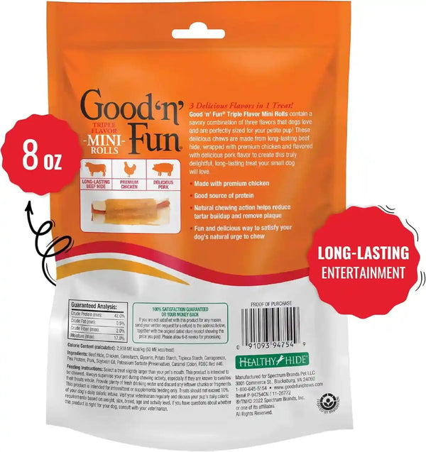 GOOD 'N' FUN Mini Rolls Long-Lasting Treat for Small Dogs, with Real Proteins, Beef Hide and Premium Chicken, Supports Dental Health, Mental Stimulation, 8 Oz2
