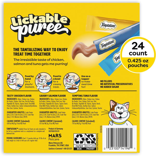 Temptations Creamy Puree Cat Treats, Chicken, Salmon & Tuna, 24 Count | under 15 Calories per Tube, Great for Senior Cats, No Chewing Required, No Added Sugar, Fillers, or Artificial Preservatives10