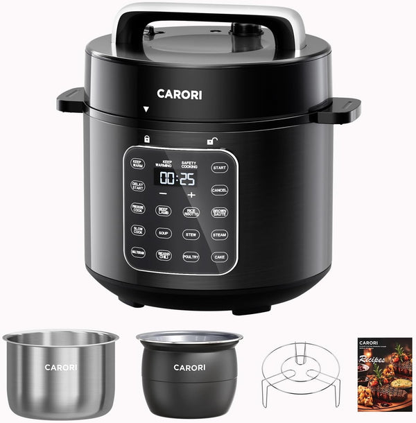 6Qt Pressure Cooker, 9-In-1, 12 Presets IMD Touchscreen, Safe Vent, Multi-Mode: Slow Cook, Rice Cook, Steam,Dual Inner Pots (Stainless Steel & Non-Stick),1000W,Black1