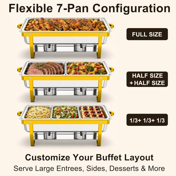 4Pack Rectangular Chafing Dishes for Buffet,Total 36QT Set with 7 Food Pans | Versatile 7 Pan Setup ,450°F Oven-Safe Pans,Hot Cold Food Service,Bonus Tongs,Easy Assembly Storage,Elegant Gold Finish2