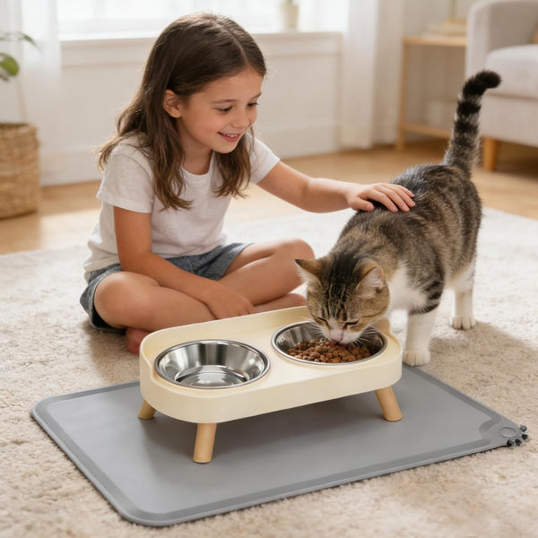 Elevated Cat Bowls with Food Mat, Splash Proof anti Vomiting Raised Cat Food and Water Bowl Set, 2 Stainless Steel Dishes for Cats and Puppy, Pet Bowl for Indoor Cats White5