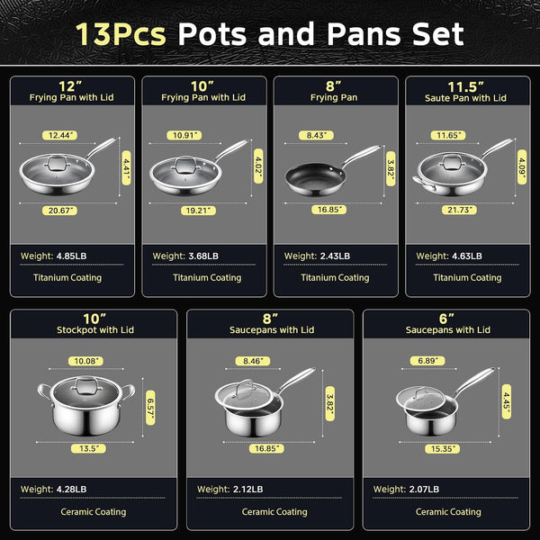 13Pcs Nonstick Pots and Pans Set Stainless Steel Cookware Sets | Hybrid Titanium Non Stick Frying Pans, Saucepans, Saute Pan & Stock Pot, PFOA Free Kitchen Skillet, Induction Compatible6