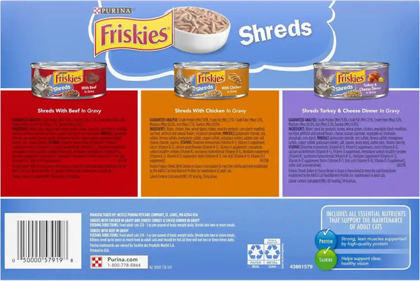 Purina Friskies Gravy Wet Cat Food Variety Pack, Shreds with Beef, with Chicken, and Turkey and Cheese Dinner - (Pack of 24) 5.5 Oz. Cans13