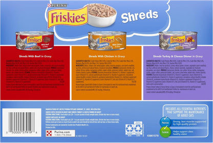 Purina Friskies Gravy Wet Cat Food Variety Pack, Shreds with Beef, with Chicken, and Turkey and Cheese Dinner - (Pack of 24) 5.5 Oz. Cans13