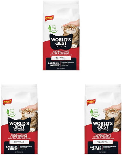 World'S Best Cat Litter, Multiple Cat, Unscented, Odor Control, 15 Lb Bag | Controls Tough Multi-Cat Odors and Lasts 2X Longer; Natural Corn Litter, Quick Clumping, Flushable, 99% Dust Free12
