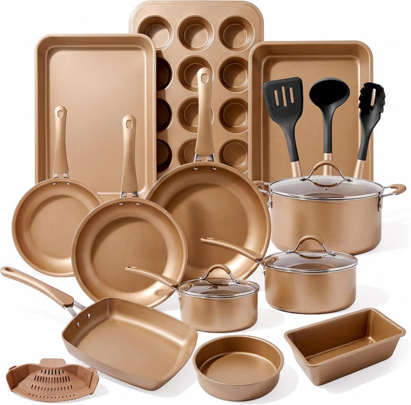 20 Piece Professional Home Kitchen Cookware and Bakeware, Pots and Pans Set Non Stick Kitchenware, Cool-Touch Handles, Non Toxic, Safe for Gas, Electric, Induction Cooktops, Easy Clean1