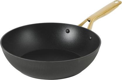 Oster Platinum Abbottsford 11-Inch Matte Black Ceramic Nonstick Wok with Gold Stainless Steel Handle — Flat Bottom, Oven & Induction Safe1