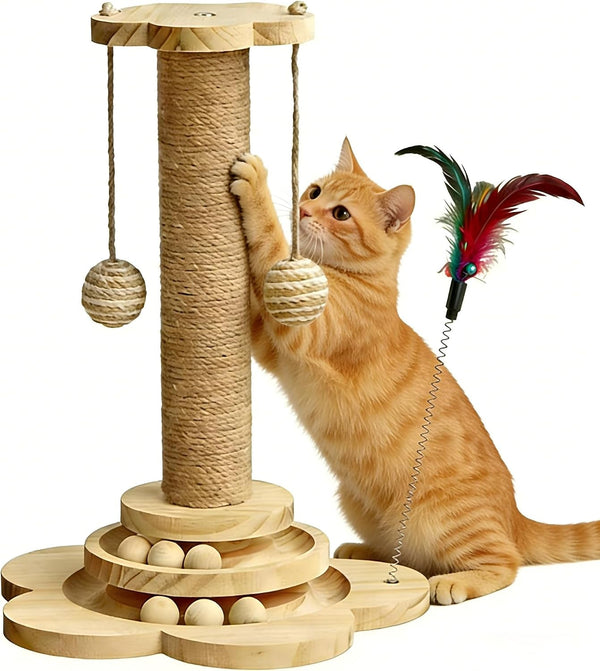 Wooden Cat Scratching Post, 4 in 1 Cat Scratcher Kitten Toys | 17.7" Tall Sisal Post for Indoor Cat with Two-Laye Wooden Ball Track, Ideal for Small Medium Cat1