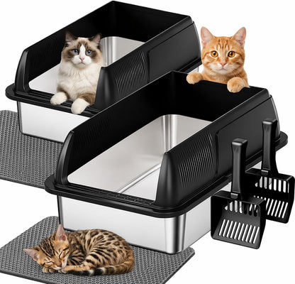 Gimars 2 Pack XL Stainless Steel Cat Litter Box for Big & Senior Cats, Multi-Cat Metal Litter Pan with High Sides, Odor-Resistant & Easy Clean, Includes Litter Scoop, Litter Mat & Anti-Slip Pads10