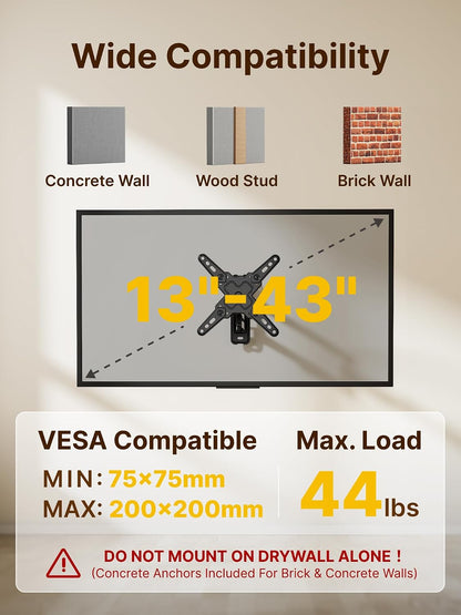 Full Motion Small TV Wall Mount for 13-43 Inch Tvs up to 44 Lb | ±90° Swivel, +5°/-15° Tilt, Landscape/Portrait Rotation; Extends 14.6 In, 4X Load Tested, VESA 200X200 Mm, Single-Stud Mount2