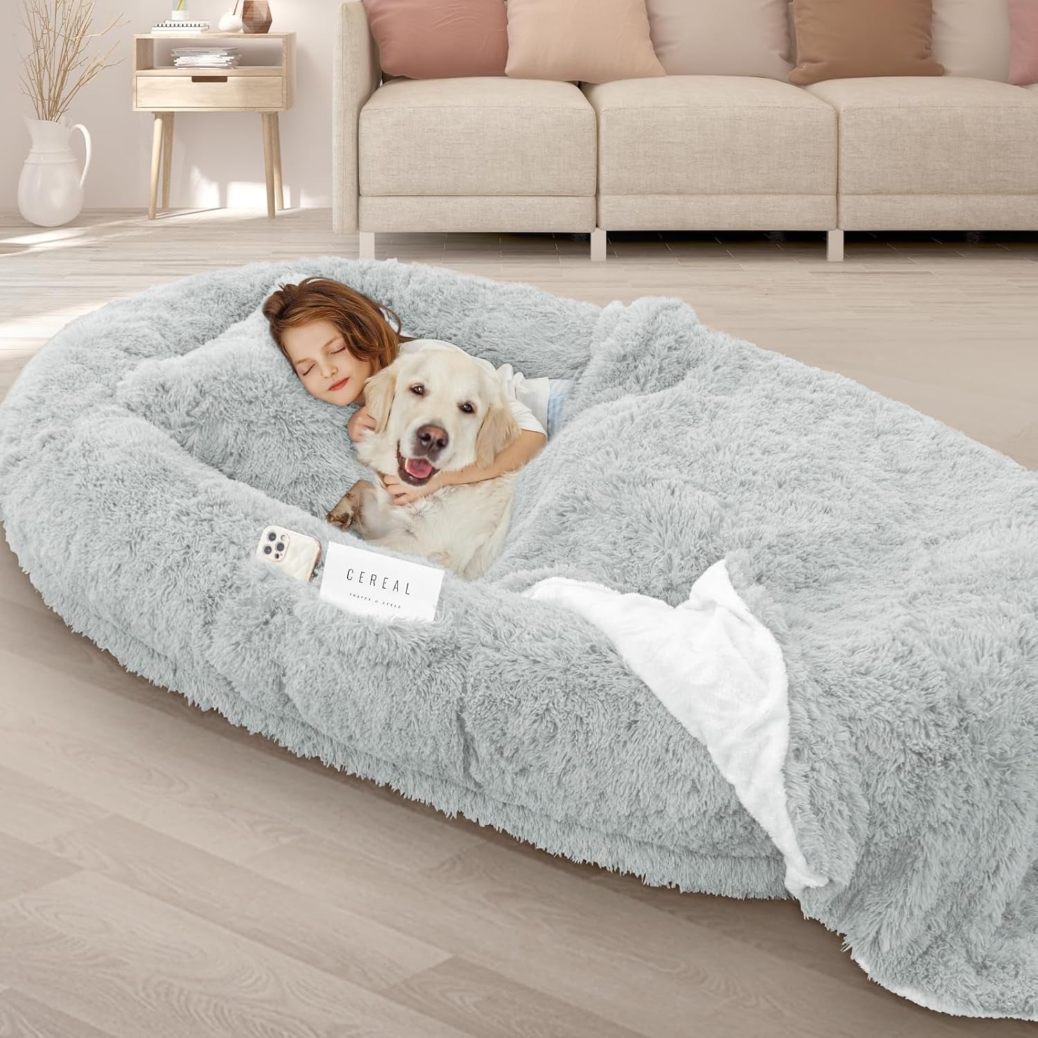 roomtec-human-dog-bed-71x45x12-size-fits-adult-and-pet-washable-giant-people-bed-10-cm-thick-memory-foam-large-oversize-pet-bed-with-plump-pillow-blanket-strap-grey