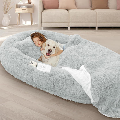 ROOMTEC Human Dog Bed, 71''X45''X12'' Size Fits Adult and Pet Washable Giant People Bed 10 CM Thick Memory Foam Large Oversize Pet Bed with Plump Pillow, Blanket, Strap - Grey19