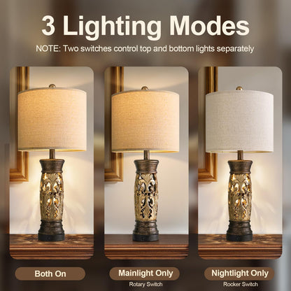 27.25” Antique Gold Table Lamps Set of 2 – Farmhouse Bedside Lamps with Night Light & USB A+C Ports, Vintage Lamps for Bedroom, Living Room, Entryway, Nursery, Reading Nook(Bulbs Included3