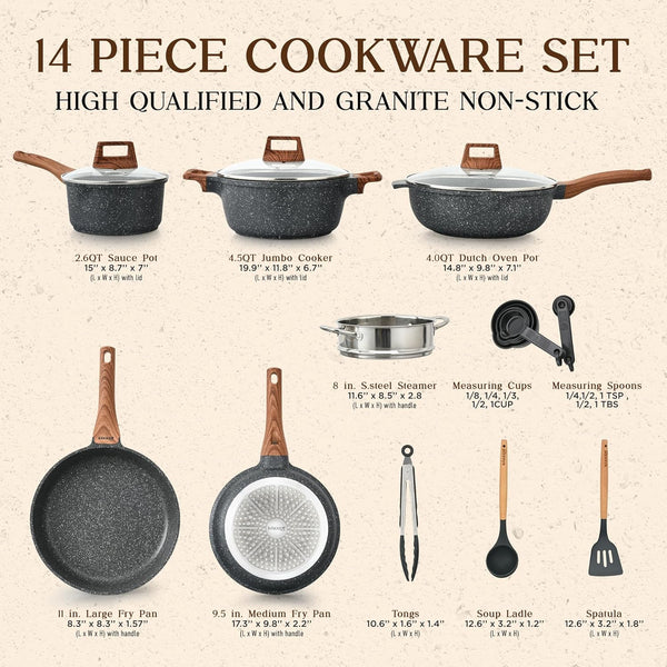 Bakken-Swiss 14-Piece Kitchen Cookware Set – Granite Non-Stick – Eco-Friendly – PFOA, PFOS, and PTFE Free for All Stoves & Oven-Safe - Marble Coatin2