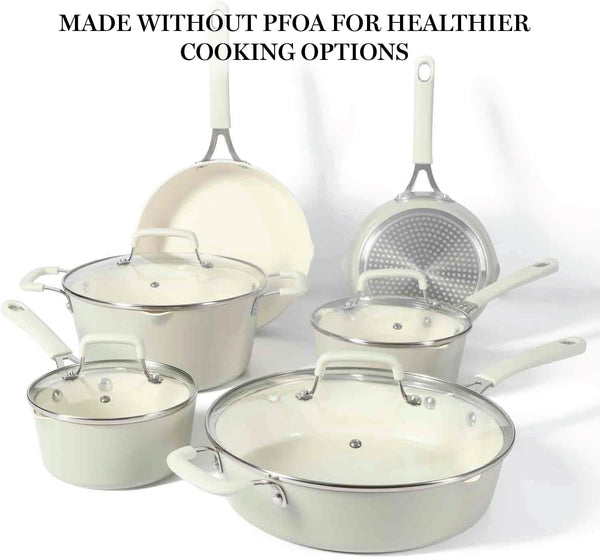 Heathland Premium Nonstick PFA Free Ceramic Interior 10-Piece Tapered Aluminum Cookware Set - Linen White4
