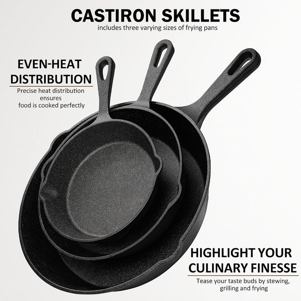 Cast Iron Skillet Pan Set of 3 – Pre-Seasoned Sartenes De Hierro Fundido – 6", 8", 10" Frying Pans for Stove, Oven, Grill – Heavy Duty Sartén Hierro Fundido Cookware Set7
