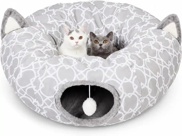 Geometric Straight Cat Tunnel with Plush Inside,Cats Toys Collapsible Tunnel Tube with Balls, for Rabbits, Kittens, Ferrets,Puppy, Diameter 9.8 Inch10