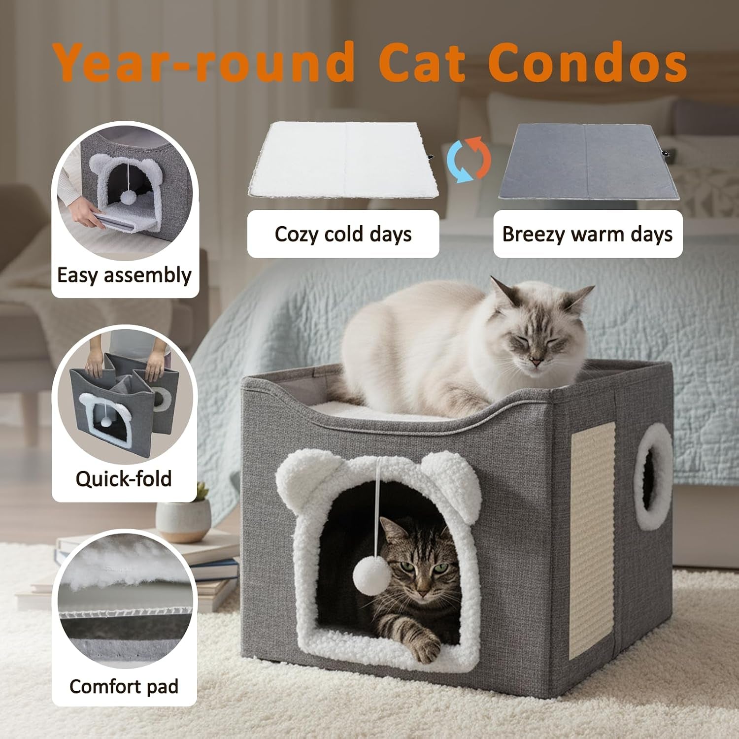 cat-houses-for-indoor-cats-large-cats-bed-cave-kitten-cube-box-cat-condo-with-scratching-pad-hanging-fluffy-ball-peekaboo-window-foldable-hideaway-hand-washable16x16x13-3-inches-grey