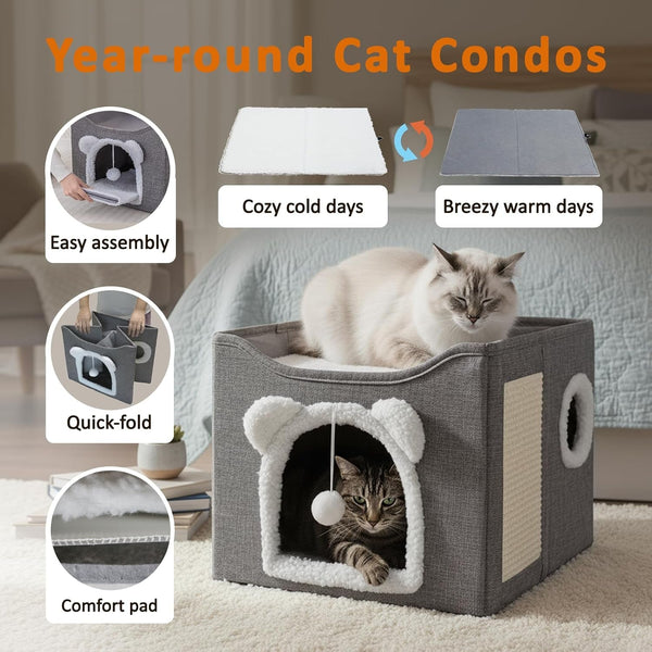 Cat Houses for Indoor Cats, Large Cats Bed Cave, Kitten Cube Box,Cat Condo with Scratching Pad, Hanging Fluffy Ball & Peekaboo Window, Foldable Hideaway Hand-Washable(16X16X13.3 Inches,Grey)3