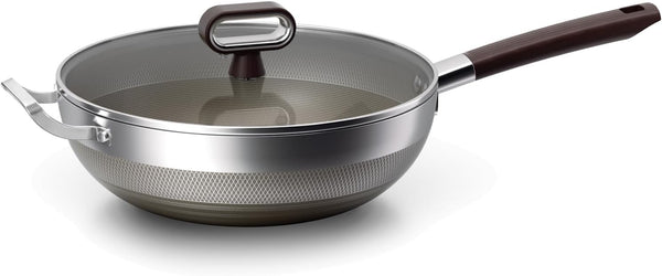 Titanium Wok Pan, 14 Inch Wok with Lid, Non Stick Stainless Steel Woks & Stir-Fry Pans, PFOA/PFAS/PTFE Free, Dishwasher Safe, Home Use for All Stoves,14Inch1