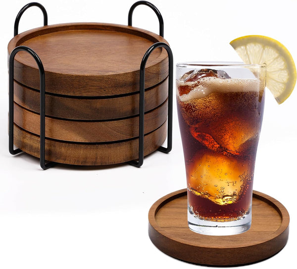 4 Pcs Wood Coasters for Drinks Absorbent, Wooden Coasters with Holder, Drink Coasters for Coffee Table, Absorbent Coaster Set for Table Protection Drink Coasters for Farmhouse, Office, Bar1