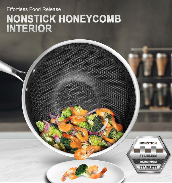 Wok Pan with Lid, 12 Inch Stainless Steel Wok with Spider Strainer and Steaming Rack, Honeycomb & Stir-Fry Pans Flat Bottom Wok Induction Compatible, Dishwasher and Oven Safe2