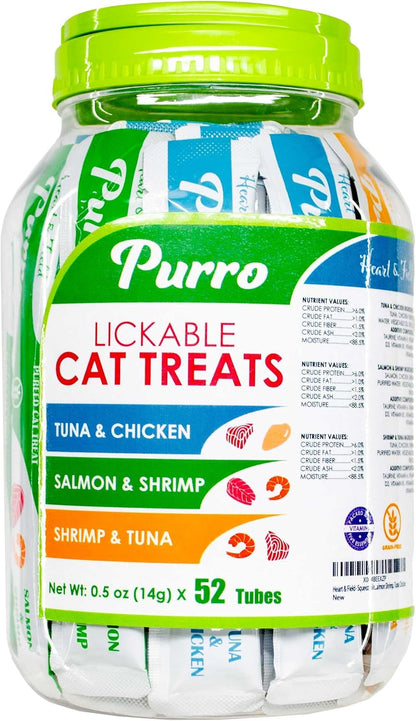 Heart & Field Purro Cat Treats, Squeezable Lickable Variety Pack, Tuna Shrimp, Salmon Shrimp, Tuna Chicken, 52 Count1