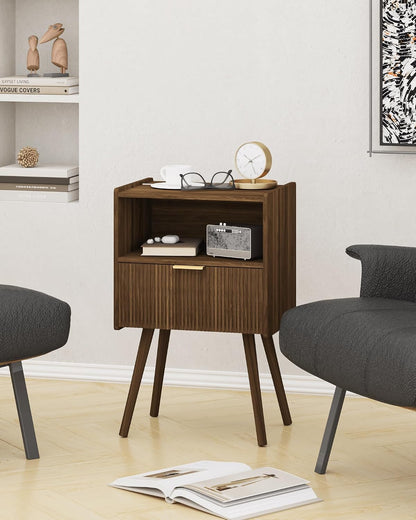Nightstand,Modern Bedside Table with Storage Drawer and Open Wood Shelf, for Living Room, Bedroom and Small Spaces, Accent Night Stand with Solid Wood Legs, Easy Assembly,Walnut Brown7