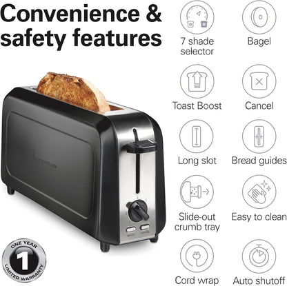 Slim Extra Wide Long Slot 2 Slice Toaster | Browning Control with 7 Shades | Auto Shutoff | Bagel & Cancel Buttons | Modern Slim Design Fits Any Space | Black | 229899