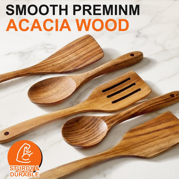 Wooden Spoons for Cooking Kitchen Utensil Set Non Toxic Acacia Wood Spatula | Wooden Utensils for Cooking Spatula Turner Slotted Serving Spoon Teak Cooking Utensils Kitchen Gadgets Bamboo Flat Spatulas8