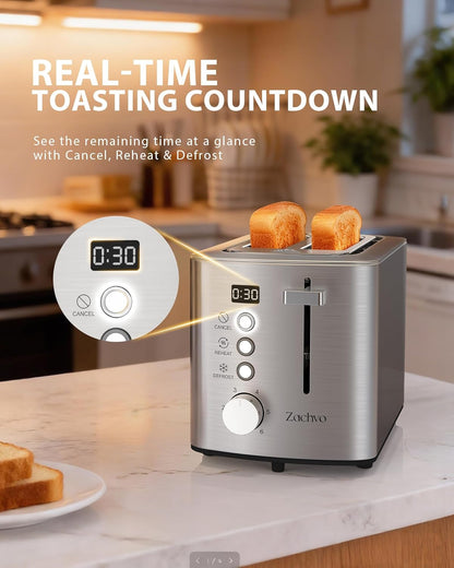 2 Slice Toaster with Countdown Timer, Wide Slots Fits Thick Bread & Bagel | 6 Browning Levels, Defrost, Reheat & Cancel, Removable Crumb Tray, Compact Design for Everyday Breakfast3