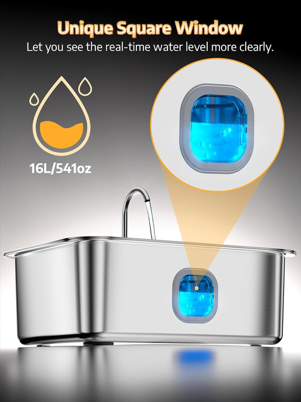 4.2Gal Dog Water Fountain for Large Dogs, 16L Stainless Steel Large Dog Fountain Water Bowl with Deeper & Wider Drinking Tray, Automatic Pet Water Dispenser with Visible Window for Multi-Pets Families3