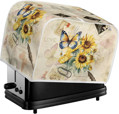 Toaster Dust Cover 2 Slice, Microwave Toaster Oven Grill Stain Resistant Dustproof Kitchen Small Appliance Cover with Top Handle for Kitchen, Butterfly Sunflower Retro7
