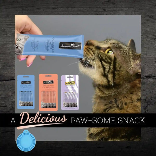 Fussie Cat Premium Puree Lickable Cat Treats in Chicken Puree, Lickable Treats, 3 Packs of 4-0.5Oz Tubes,(12 Total Tubes) Variety Flavor Pack of 3 Flavors. Oceanfish, Sardine, Chicken + Lid3