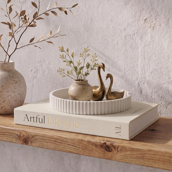 Decorative Concrete Tray & Book Decor Set - Scalloped Tray & Linen Box | Enhances Your Coffee Table or Bookshelf Decor - Stylish Home Decoration for the Living or Dining Room and Housewarming Gift1