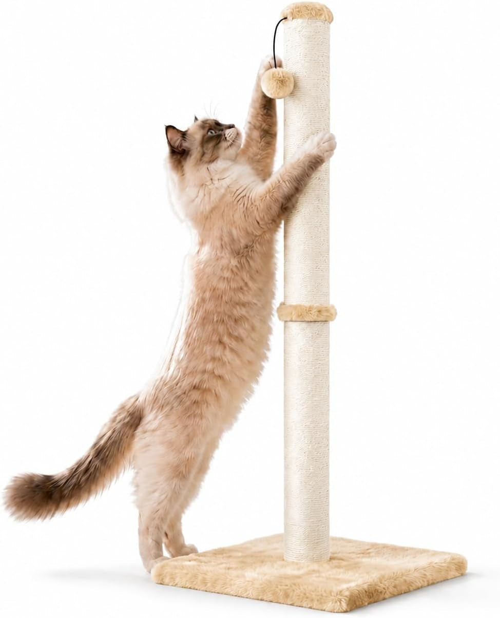 dimaka-29-height-tall-cat-scratching-post-claw-scratcher-with-sisal-rope-and-covered-with-soft-smooth-plush-vertical-scratch-full-strectch-for-standard-size-catsgrey-29-inches-for-all-cats