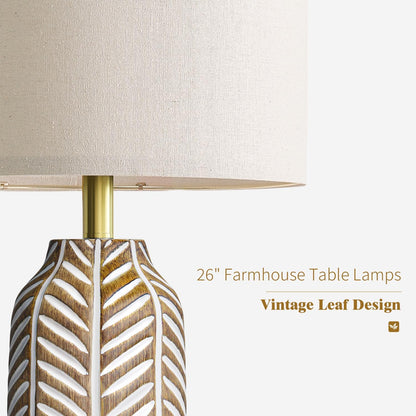 26" Farmhouse Table Lamps Set of 2 - Vintage Leaf Design, Rustic Resin Nightstand Lamps for Bedroom, Living Room, Nursery, Hallway, Elegant Living Room Lamps with Linen Shades Antique Brown3