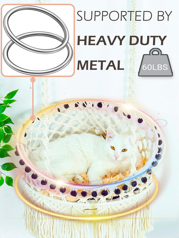 KARCEEY Macrame Cat Hammock - Hanging Cat Bed for Wall & Window - Boho Swing with Full Hardware Kit & Nip Toy - Stable Heavy Duty Design for Large & Senior Felines up to 60Lbs2