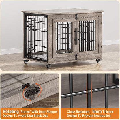 Medium Dog Crate Furniture, 32'' Heavy Duty Kennel W/Cushion & Wheels | Grey, Double Doors, Wooden Dog Cage, Chew-Resistant, End Table, Decorative, 27"/32"/38"/44" Options, Indoor7