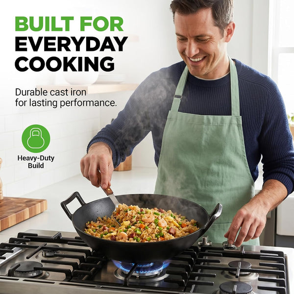 14" Cast Iron Wok with Wooden Lid - Pre-Seasoned Kadai for Stir-Fry with Loop Handles, Compatible with Multiple Cooktops Including Induction, Large 5.8 Qt Capacity4