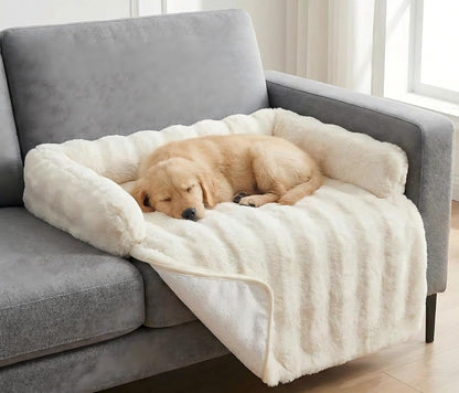 Calming Dog Bed for Couch, 29.5 X 29.5 Inch, Dog Sofa Mat, Machine Washable | 3-Sided Bolster, Faux Rabbit Fur Plush, Non Slip Bottom, Water Resistant Furniture Protector for Small Medium Dogs & Cats1