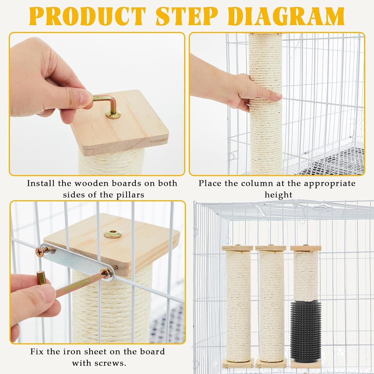 aliceset-3-pack-cat-scratching-post-for-crate-cage-13-inch-wooden-sisal-cage-mounted-scratching-post-with-self-groomer-and-massager-for-grinding-claws-and-climbing