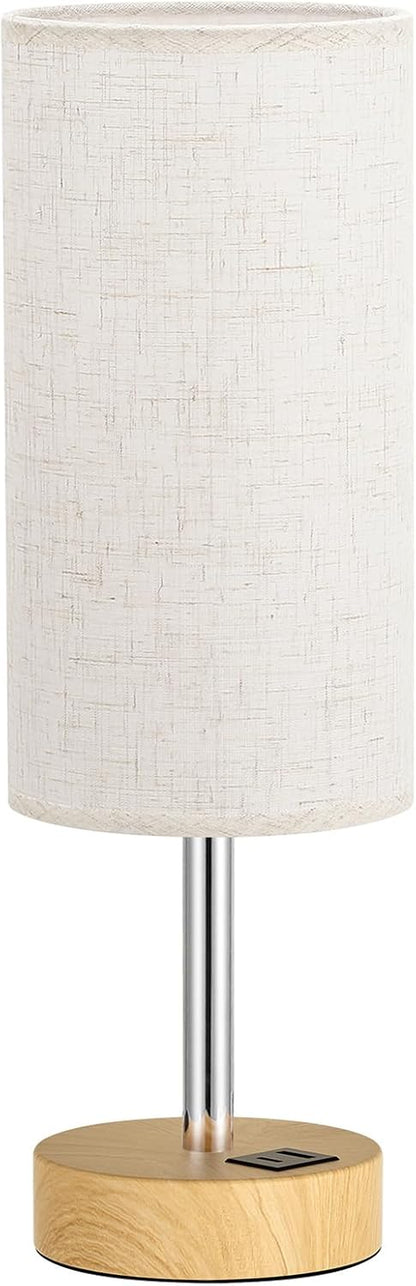 Bedside Table Lamp for Bedroom - 3-Way Dimmable Touch Lamp, USB A+C | LED Bulb Included, 14" Small Nightstand Lamp for Desk, Living Room, Guest Room, Cream Fabric Lampshade, Wood-Grain Metal Base8