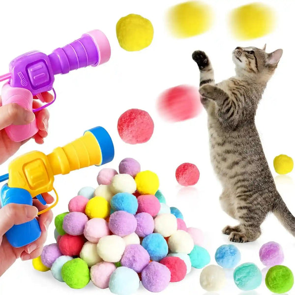 2 Cat Toy Launchers & 100 Cat Pom Pom Balls,Cat Toys Balls Launcher,Launch Ball Interactive Toy,Silent Plush Elastic Ball for Kitty1