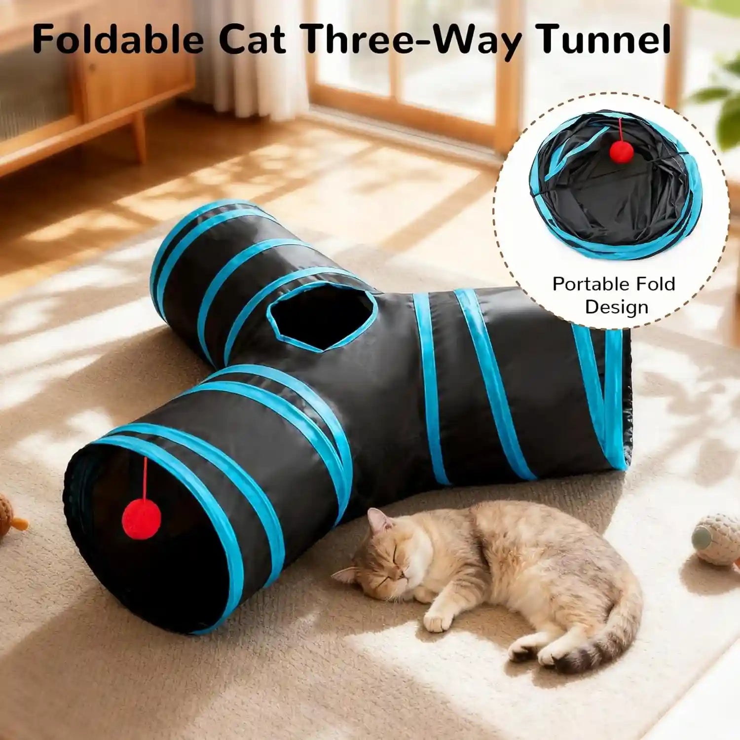 tempcore-pet-cat-tunnel-tube-toys-3-way-collapsible-tunnels-for-indoor-cats-interactive-tube-with-teaser-wand-peek-holes-hanging-ball-black-blue