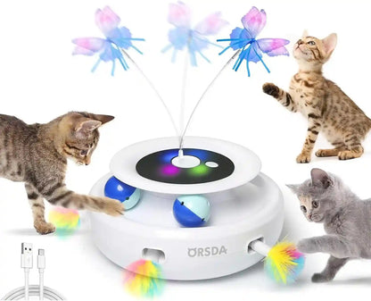 ORSDA Cat Toy, 3-In-1 Automatic Interactive Electronic Moving Ambush Feather, Fluttering Butterfly, Track Balls, USB Rechargeable Powered Smart Indoor Exercise Kicker1