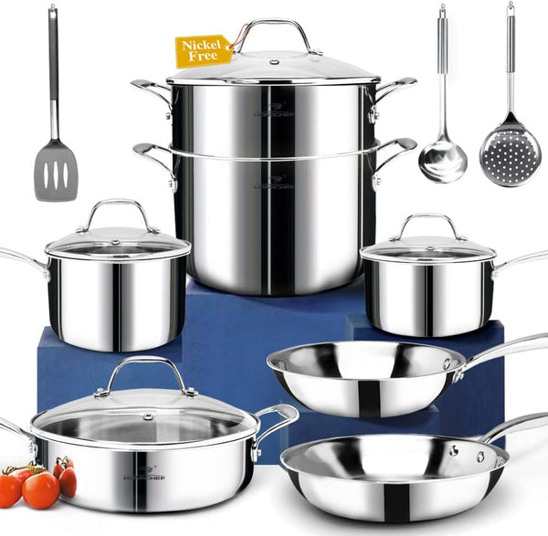 14-Piece Nickel Free Stainless Steel Cookware Set Whole-Clad 3-Ply - Mirror Polished Pots and Pans Set - Healthy Cookware Set with Steamer - Non-Toxic Induction Cookware Sets7