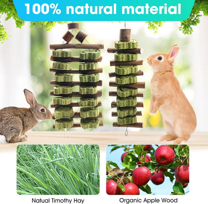 WDEFUN Natural Apple Wood Clover Cake Teeth Grinding Toy String - Rabbit Snack Chewing Toy, Safe and Durable Pet Teeth Grinding Rod, Caring for Dental Health4