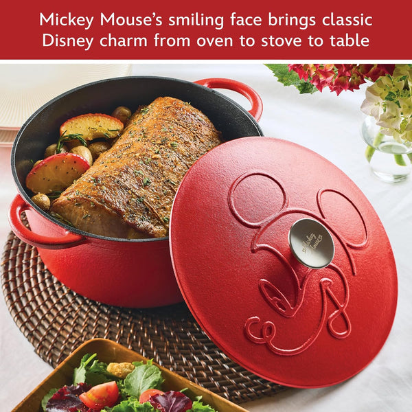 Disney Bon Voyage Pre-Seasoned Cast Iron Dutch Oven/Casserole Pan with Lid, Suitable for All Stovetops, Including Induction, 4.75 Quart - Red5